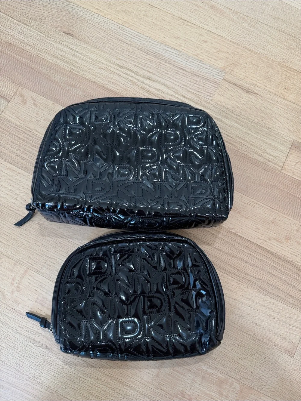 DKNY Black Patent Embossed Logo Cosmetic Bag Set
